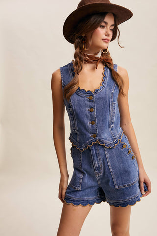 Scallop Trim Stretch Denim Vest LVT030 - Fitkitty Culture Athleisure Wear, Yoga Wear &  Women's Clothing