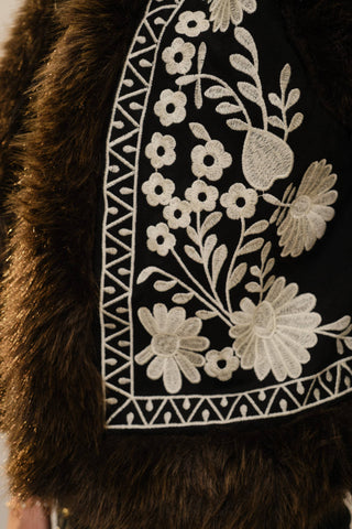 Embroidered Faux Suede Vest with Fur Trim