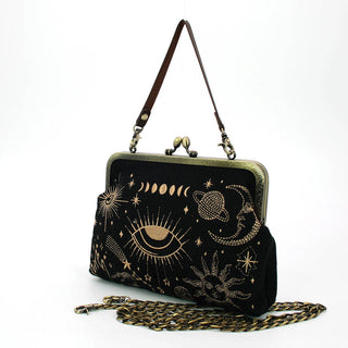 Celestial Kisslock Moon and Stars Embroidered Handbag