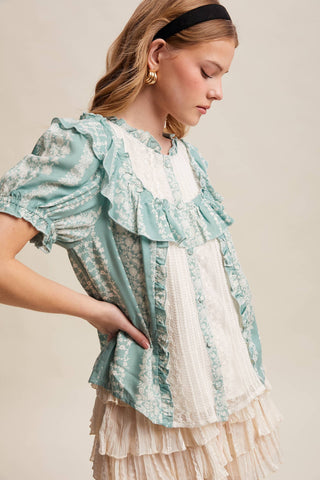 Mixed-Print Ruffle Yoke Blouse, view 17 | Fitkitty Culture®