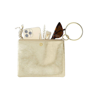 Gold Rush Big O bracelet pouch filled with a phone, pearls, and sunglasses