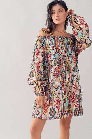 Boho Ikat Print Off Shoulder Balloon Sleeve Mini Dress - Fitkitty Culture Athleisure Wear, Yoga Wear &  Women's Clothing