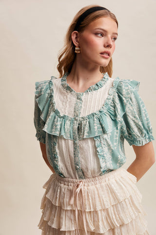 Mixed-Print Ruffle Yoke Blouse, view 15 | Fitkitty Culture®