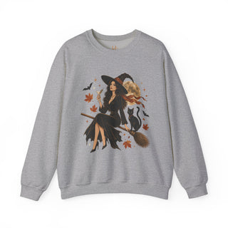 Witchy Moon Crewneck Sweatshirt – Autumn Witch, Black Cat & Broom Fall Graphic