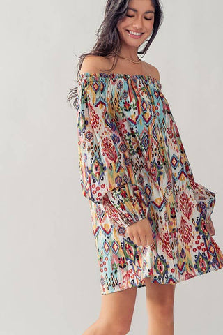 Boho Ikat Print Off Shoulder Balloon Sleeve Mini Dress - Fitkitty Culture Athleisure Wear, Yoga Wear &  Women's Clothing