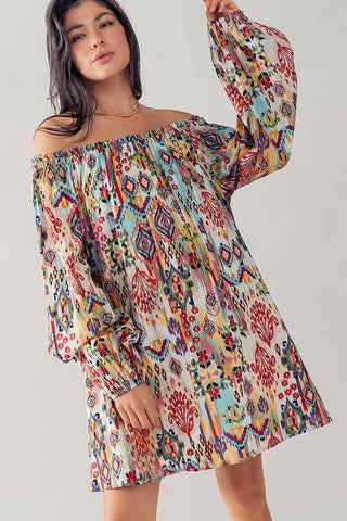 Boho Ikat Print Off Shoulder Balloon Sleeve Mini Dress - Fitkitty Culture Athleisure Wear, Yoga Wear &  Women's Clothing