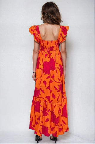 Vibrant Fire Floral High Low Maxi Dress