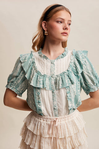 Mixed-Print Ruffle Yoke Blouse, view 12 | Fitkitty Culture®