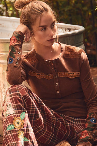 Acid-Washed Crochet-Trim Henley Top