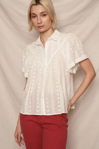 Lace Panel Short Sleeve Button Down Shirt | Fitkitty Culture®