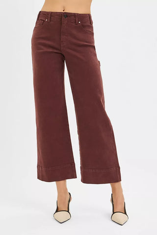 Chocolate brown high rise tummy control cropped wide leg pants