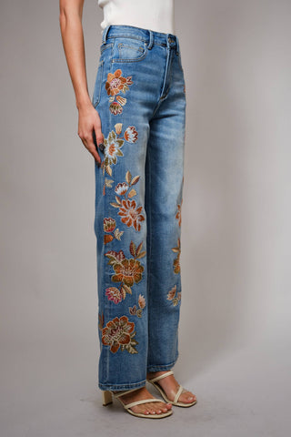 Flower Embroidery High Waist Flare Jeans, view 2 | Fitkitty Culture®