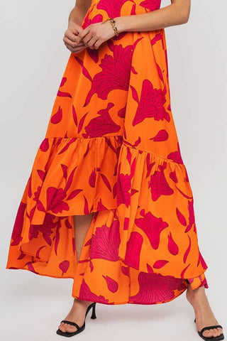 Vibrant Fire Floral High Low Maxi Dress