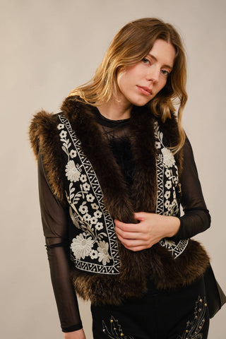 Embroidered Faux Suede Vest with Fur Trim