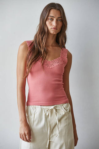 Ribbed Seamless Tank with Lace Trim