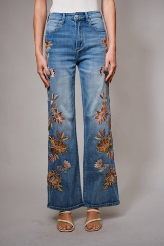 Flower Embroidery High Waist Flare Jeans | Fitkitty Culture®