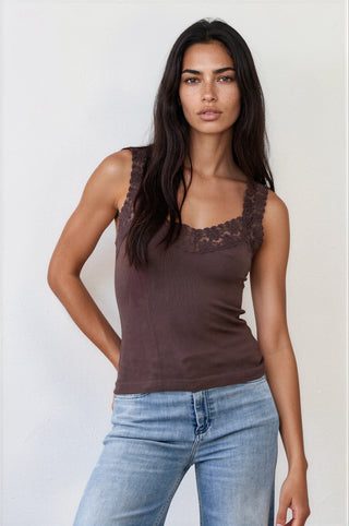 Ribbed Seamless Tank with Lace Trim
