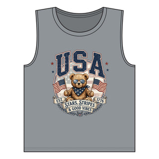 USA Teddy Bear Muscle Tank — Stars, Stripes & Good Vibes Fourth of July Tank Top, view 7 | Fitkitty Culture®