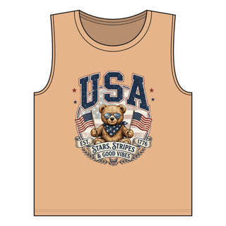 USA Teddy Bear Muscle Tank — Stars, Stripes & Good Vibes Fourth of July Tank Top, view 6 | Fitkitty Culture®