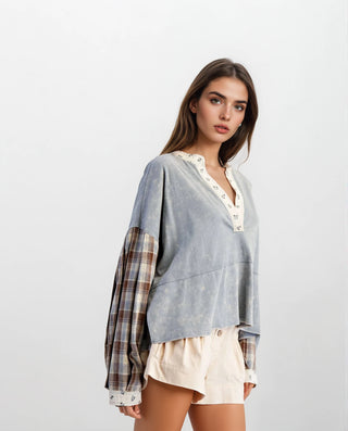 Mineral Washed Floral Trim Plaid Contrast Top