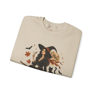 Witchy Moon Crewneck Sweatshirt – Autumn Witch, Black Cat & Broom Fall Graphic