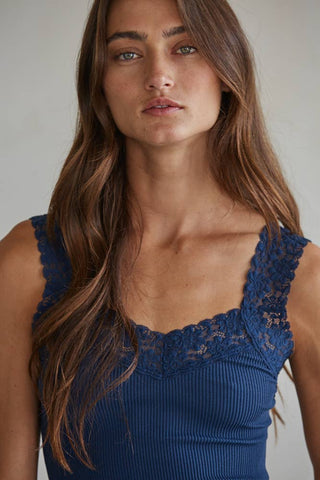 Ribbed Seamless Tank with Lace Trim
