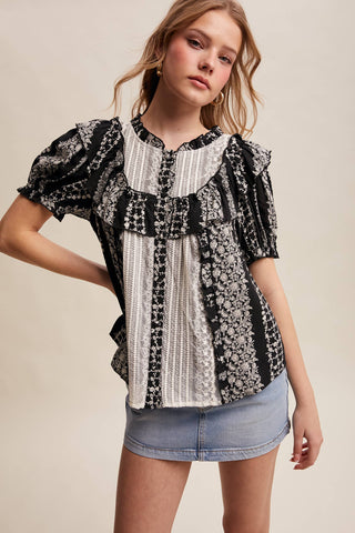 Mixed-Print Ruffle Yoke Blouse, view 5 | Fitkitty Culture®