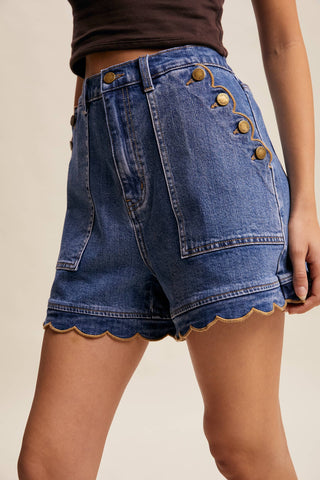 Scallop Button-Side Stretch Denim Shorts LP0277 - Fitkitty Culture Athleisure Wear, Yoga Wear &  Women's Clothing