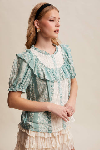 Mixed-Print Ruffle Yoke Blouse, view 16 | Fitkitty Culture®