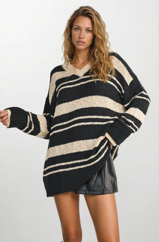 V NECK OVERSIZED STRIPED SWEATER MINI DRESS