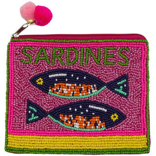 Beaded pouch with 'Sardines' text and fish design on a pink background