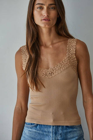 Ribbed Seamless Tank with Lace Trim