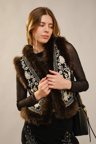 Embroidered Faux Suede Vest with Fur Trim