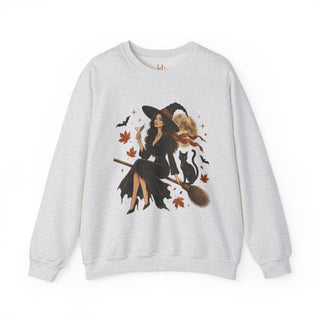 Witchy Moon Crewneck Sweatshirt – Autumn Witch, Black Cat & Broom Fall Graphic