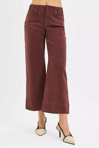 Cropped wide leg pants in chocolate brown, side view