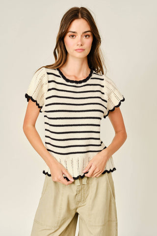 MAS3129 STRIPED CROCHET S/S SWEATER - Fitkitty Culture Athleisure Wear, Yoga Wear &  Women's Clothing