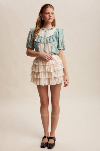 Mixed-Print Ruffle Yoke Blouse, view 21 | Fitkitty Culture®