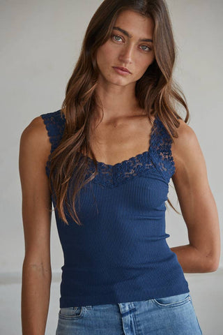 Ribbed Seamless Tank with Lace Trim