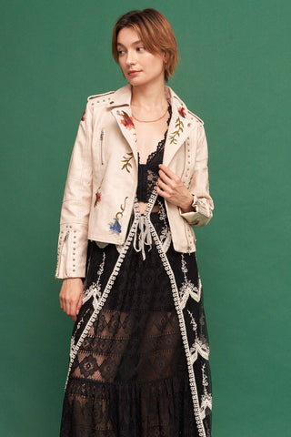 Floral Embroidered Studded Faux Leather Moto Jacket, view 6 | Fitkitty Culture®