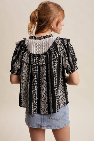 Mixed-Print Ruffle Yoke Blouse, view 8 | Fitkitty Culture®