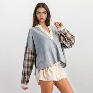 Mineral Washed Floral Trim Plaid Contrast Top