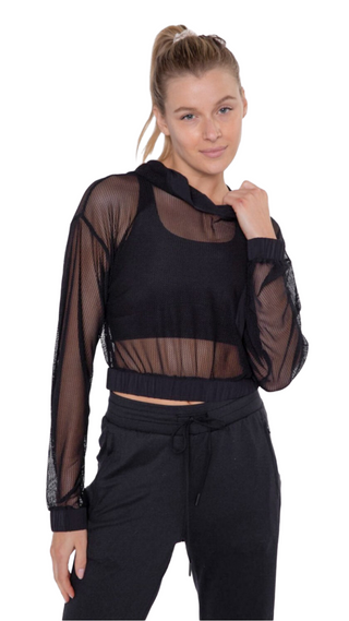 Sexy Mesh Cropped Pullover Womens Workout Hoodie