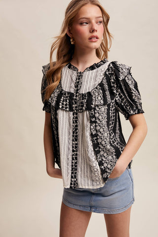 Mixed-Print Ruffle Yoke Blouse, view 3 | Fitkitty Culture®