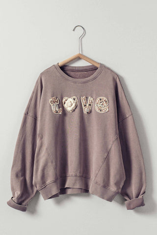 Boho "Love" Embellished Mineral Wash Sweatshirt - Fitkitty Culture Athleisure Wear, Yoga Wear &  Women's Clothing