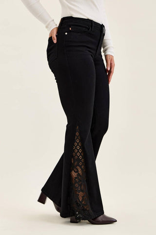 Jaqueline Lace Hem Ultra Flare Jeans - Shadow Black, view 8 | Fitkitty Culture®
