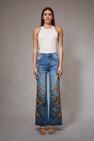 Flower Embroidery High Waist Flare Jeans, view 5 | Fitkitty Culture®