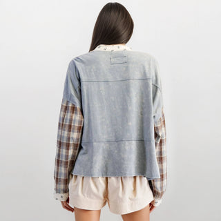 Mineral Washed Floral Trim Plaid Contrast Top