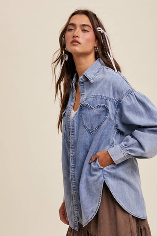 Heart Detail Oversized Denim Shirt