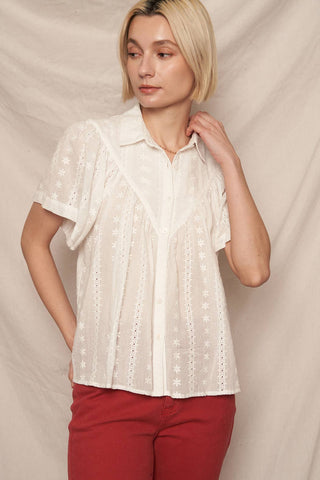 Ivory Garden Lace Button-Down Shirt in embroidered ivory cotton, front view