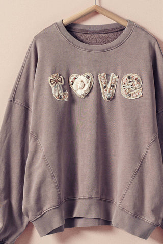 Boho "Love" Embellished Mineral Wash Sweatshirt - Fitkitty Culture Athleisure Wear, Yoga Wear &  Women's Clothing